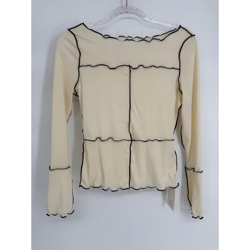 MOTF Shein Womens Cream Ribbed Contrast Stitch Lettuce Edge Top Sz S NWT
